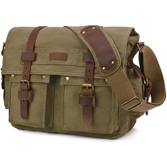 14 Inch Laptop Molle Messenger Bag - Woosir Military Messenger Bag Canvas Leather Shoulder Bag Fits 14.7/15.6 Inch Laptop